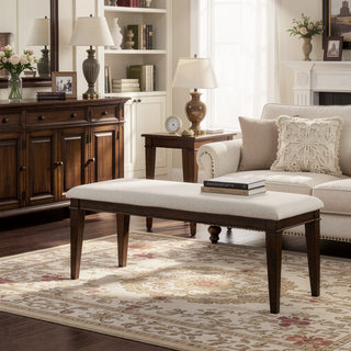 Sunvega Dark Brown Finish Wooden Dining Bench with Beige Fabric Upholstered Seat