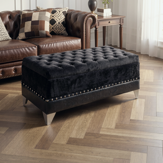 Sunvega Black Tufted Storage Trunk with Nailhead Trim and Metallic Legs