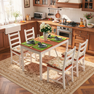 Sunvega Rustic Pine Wood Dining Table Set with Four High Back Chairs for Small Spaces