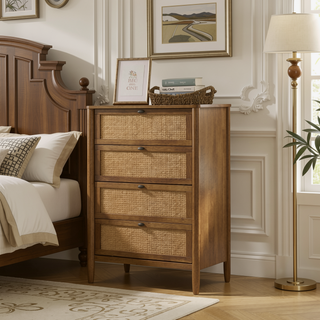 Sunvega Wood and Rattan 4-Drawer Chest with Spacious Storage and Light Walnut Finish