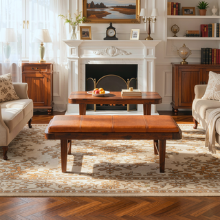 Sunvega Maddox Mid-Century Modern Upholstered Bench with Tan Leather and Teak Wood Legs