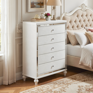 Sunvega Modern White Dresser with 9 Crystal Knob Drawers and Faux Alligator Fronts
