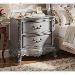 Sunvega Antique Platinum Finish Nightstand with Intricate Details for Bedroom
