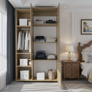 Sunvega Macadamia Wood Closet System with 3 Doors and 5 Shelves for Bedroom
