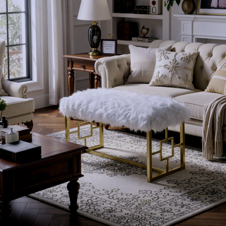 Sunvega White Faux Fur Upholstered Bench with Gleaming Gold Metal Legs