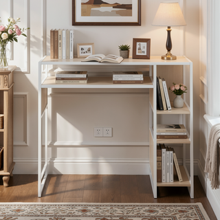 Sunvega Display Farmhouse Bar Height Table with Storage Space in White Metal and Natural Wood