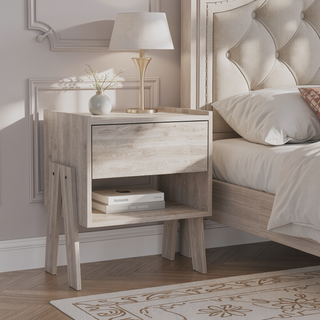 Sunvega Light Grey Nightstand with Drawer and Open Shelf for Ample Storage