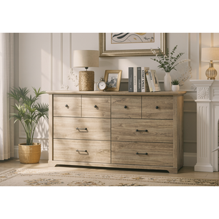 Sunvega Light Oak Finish 6-Drawer Dresser with Black Metal Handles