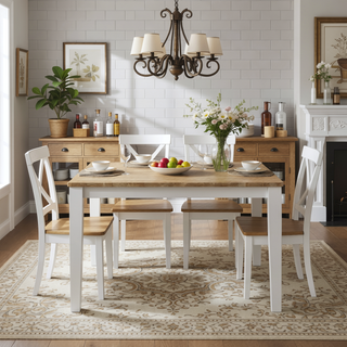 Sunvega Farmhouse-Inspired Rectangular Dining Table with White Base and Brown Wood Top