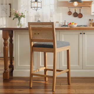 Sunvega Full Solid Wood Rattan-Back Bar Stool with Matte Linen Cushion for Kitchen Island