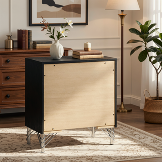 Sunvega Malcolm Black Modern Two-Drawer Nightstand with Gleaming Chrome Trim