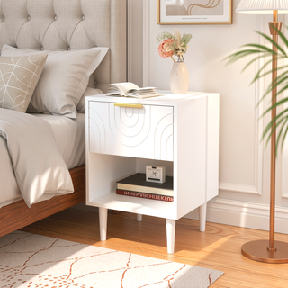 Sunvega Modern White Nightstand with Gold Accent Handle and Open Shelf