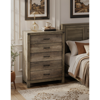 Sunvega Contemporary Rustic Five Drawer Chest with Melamine Finish and Metal Hardware