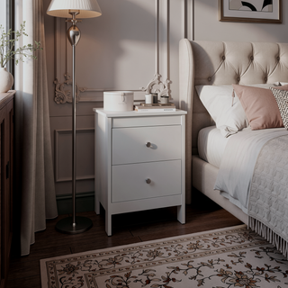 Sunvega Compact White Nightstand with 2 Smooth-Gliding Drawers for Bedroom Storage