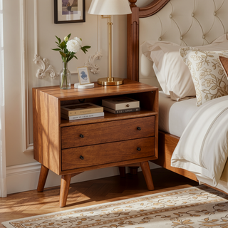 Sunvega Brown Transitional Wooden Nightstand with 2 Drawers and Open Compartment
