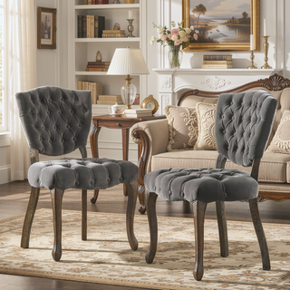 Sunvega Set of 2 Tufted Velvet Upholstered Chairs with Curved Wood Legs