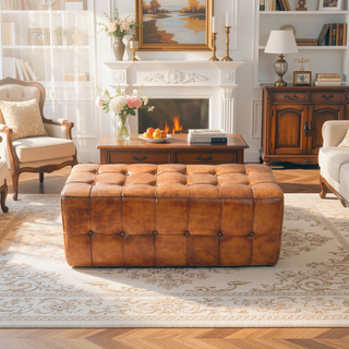 Sunvega Genuine Tan Leather Bench with Teak Frame for Living Room Bedroom