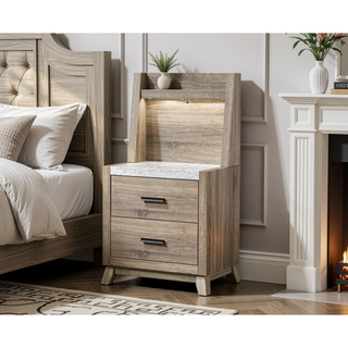 Sunvega Rustic Transitional Contemporary Nightstand Wall Panel with Faux Stone Top and LED Light