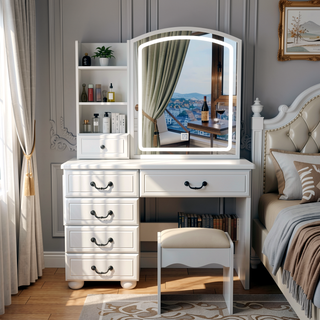 Sunvega White Vanity Desk with Mirror and Lights for Makeup with 6 Drawers