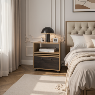 Sunvega Natural Oak Nightstand with Drawer and Open Storage on Wheels