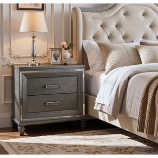 Sunvega White Silver Finish Nightstand with 2 Dovetail Drawers and Acrylic Bar Pulls
