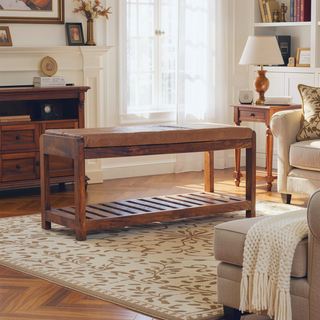 Sunvega Solid Mango Wood Buffalo Leather Upholstered Bench with Slatted Shelf
