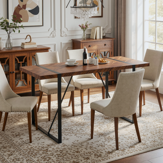 Sunvega Minimalist Retro Rectangular Dining Table with Dark Wood Textured Tabletop and Black Metal Legs