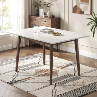 Sunvega Mid-Century Modern Solid Wood Rectangular Dining Table with Brown Stain Finish