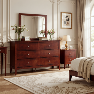Sunvega Fully Assembled 6 Drawer Dresser with French Dovetail Wood Veneer Finish