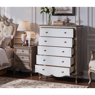 Sunvega Antique Champagne Chest with Five Mirrored Drawers and Crystal Knobs