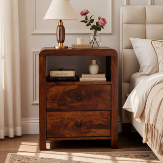 Sunvega Solid Mango Wood Nightstand with Two Drawers and Open Shelf