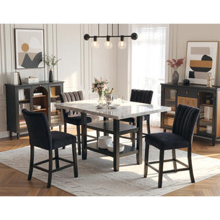 Sunvega Modern Elegant Faux Marble Top Black Base Pub Height Dining Table
