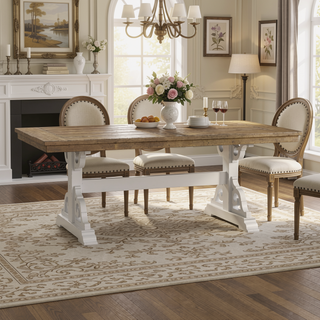 Sunvega Farmhouse Style Brown And White Trestle Dining Table For Your Home