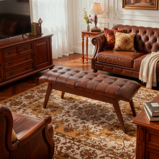 Sunvega Mid Century Modern Leather Bench with Solid Wood Frame and Tapered Legs for Living Room