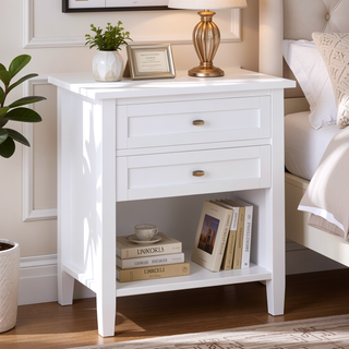 Sunvega White Transitional Nightstand with Two Drawers and Open Shelf 24 Inch Wide