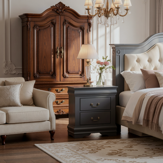 Sunvega Light Gray Solid Wood Nightstand with Two Drawers and Nickel Handles