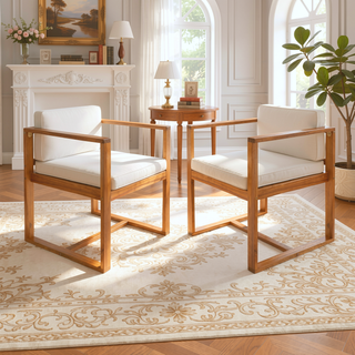 Sunvega Set of 2 Acacia Wood Armchairs with Beige Cushion for Patio Dining