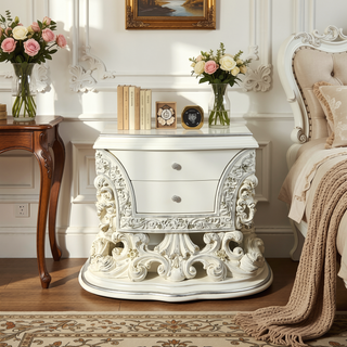 Sunvega Antique White Finish Nightstand with 2 Scrolled Floral Storage Drawers