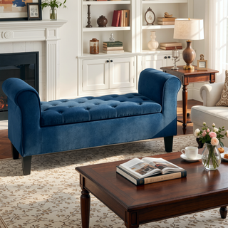 Sunvega Button-Tufted Velvet Ottoman Bench with Rolled Armrests and Storage for Living Room