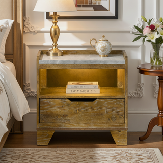 Sunvega Transitional Light Aspen Brown Nightstand with LED Light and USB Ports