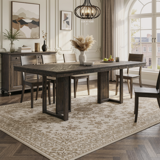 Sunvega Sleek Dark Grey Rectangular Dining Table with Chevron Pattern and Trestle Base