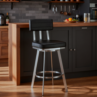 Sunvega 30 Inch Swivel Bar Stool with Black Faux Leather and Brushed Stainless Steel