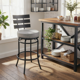 Sunvega Swivel Bar Stool with Gray Faux Leather Upholstery and 360 Degree Rotation