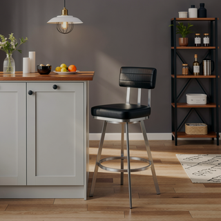 Sunvega Brushed Stainless Steel Swivel Bar Stool with Black Faux Leather Upholstery