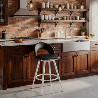 Sunvega Swivel Counter Stool with Black Faux Leather Upholstery and Brushed Stainless Steel