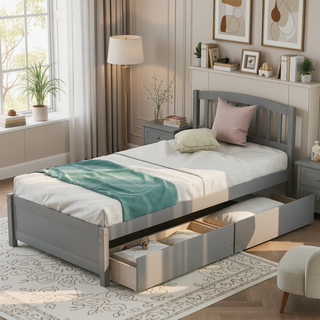 Sunvega Twin Wood Platform Storage Bed Frame with Two Drawers and Headboard