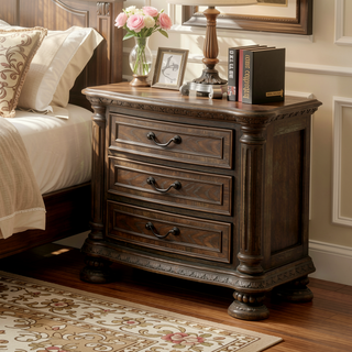 Sunvega Traditional Rustic Solid Wood Nightstand with Bronze Hanging Pulls and 3 Drawers