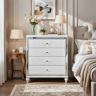 Sunvega Modern White Dresser with 9 Crystal Knob Drawers and Faux Alligator Fronts