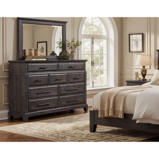 Sunvega 9 Drawer Dresser with Elm Veneers Pine Solids and Mahogany Finish