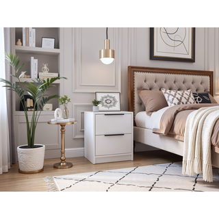 Sunvega Modern White Nightstand with Two Drawers and Sleek Bar Handles